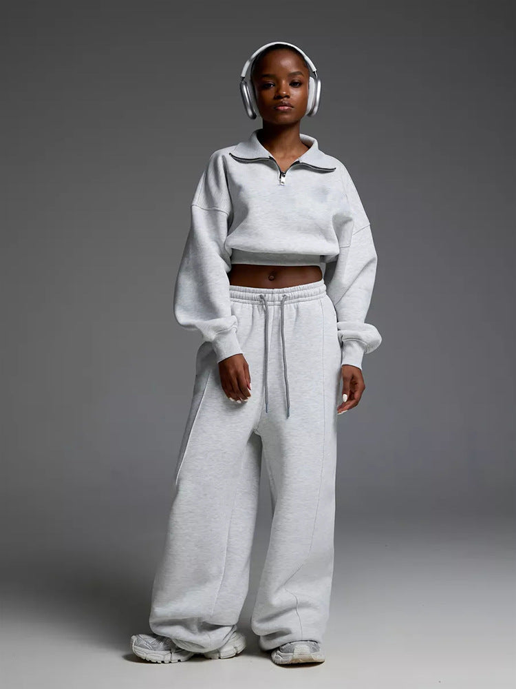 Long Sleeve Turn-Down Collar Waist-Cinched Hoodie with Tie Pants Two-Piece Set