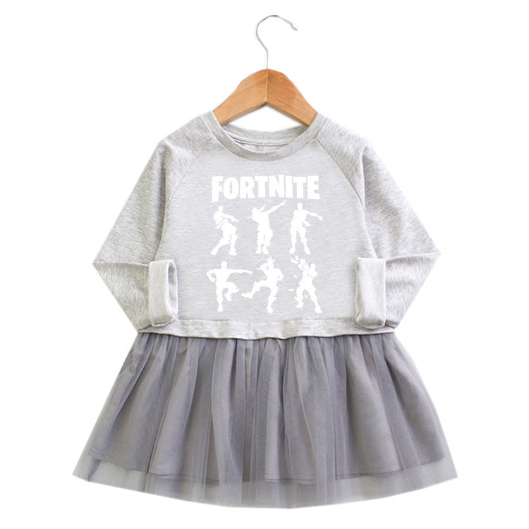 Girls' Cartoon Long Sleeve Mesh Dress – Fun & Whimsical Kids Dress