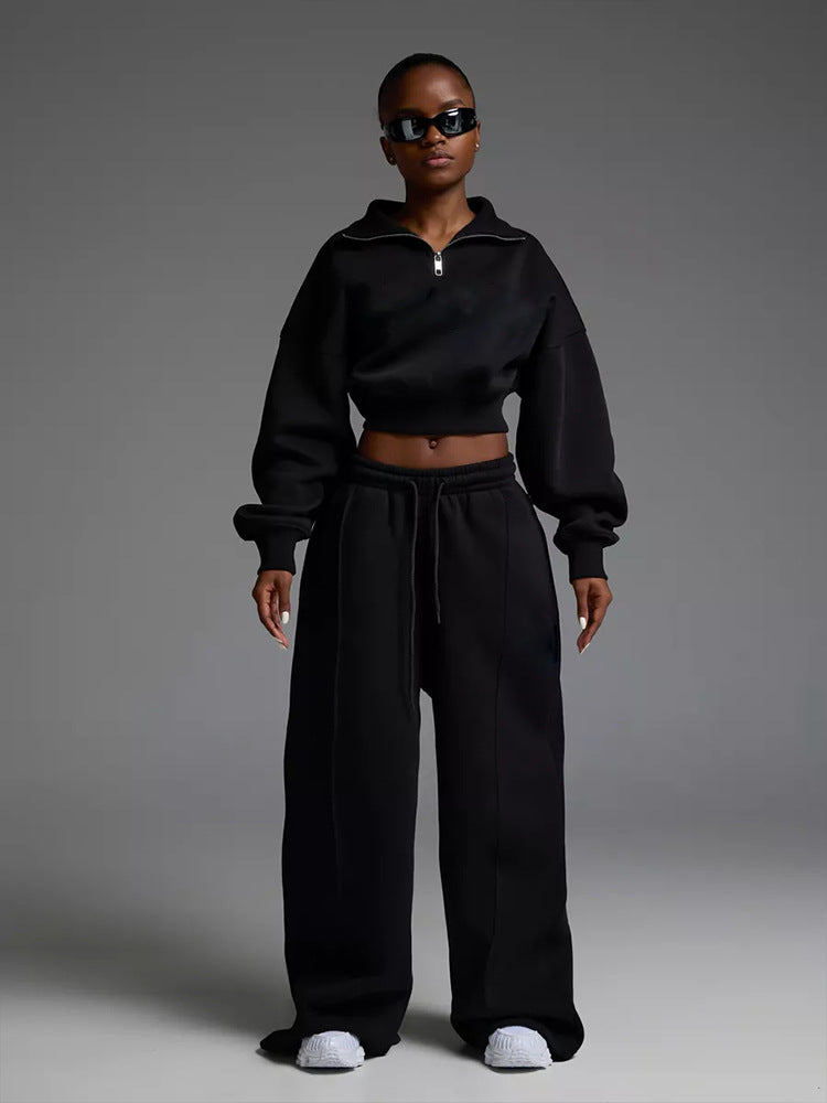 Long Sleeve Turn-Down Collar Waist-Cinched Hoodie with Tie Pants Two-Piece Set