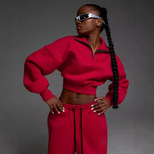 Long Sleeve Turn-Down Collar Waist-Cinched Hoodie with Tie Pants Two-Piece Set
