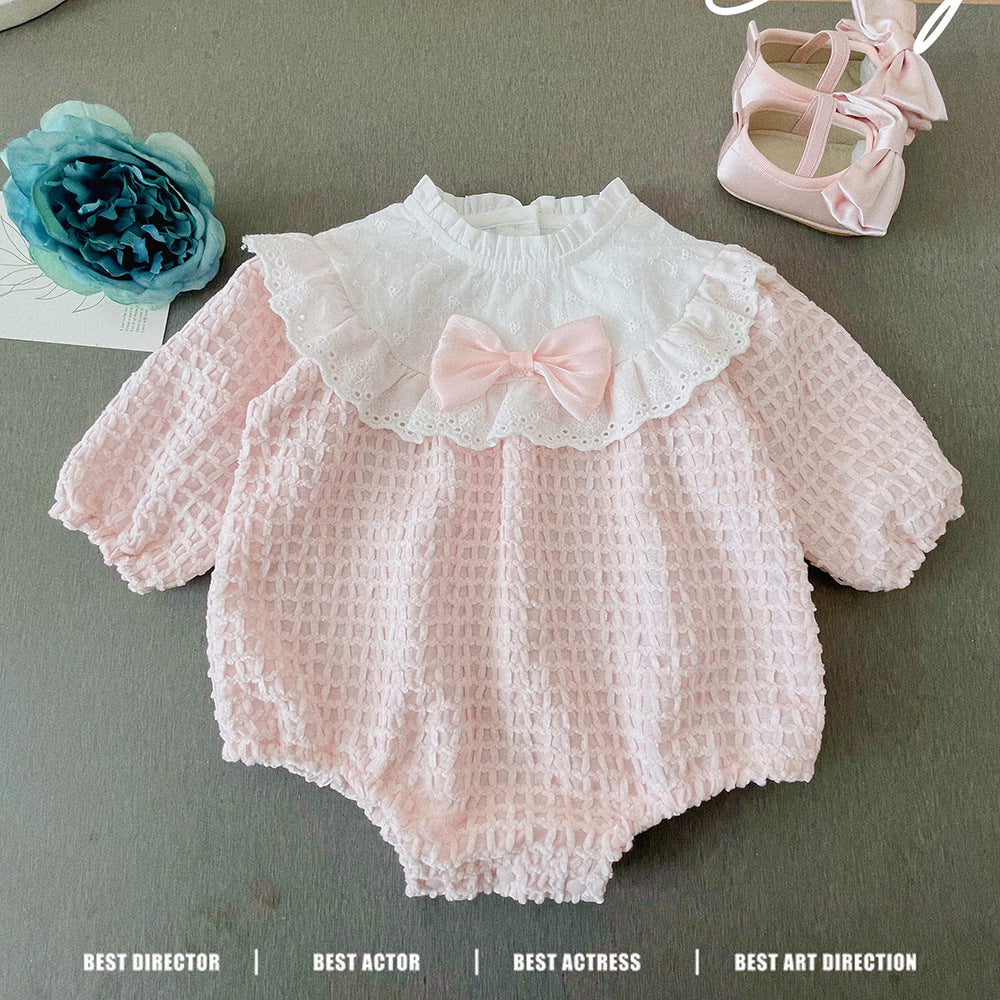 Baby Girl Pink Lace Bow Romper – Sweet Newborn Onesie
