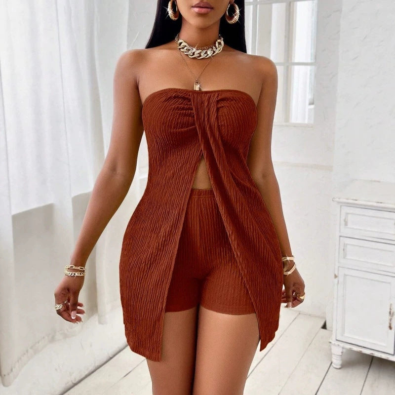 Sexy Strapless Knit Two-Piece Set with Shorts, Fashionable Waist-Baring Casual Women's Outfit