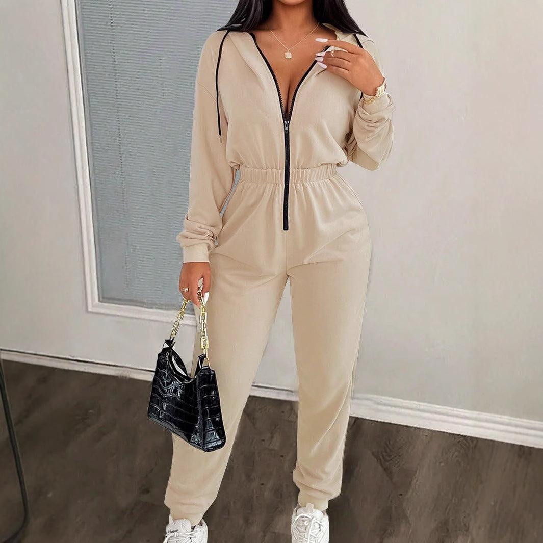 Casual Drawstring Hooded Jumpsuit for Women Fashionable One-Piece Pants