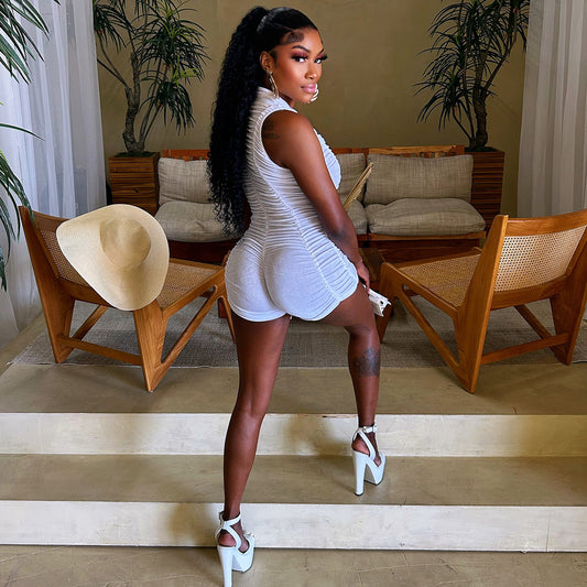 Seasonal new fashionable and sexy spicy girl pleated sleeveless jumpsuit shorts