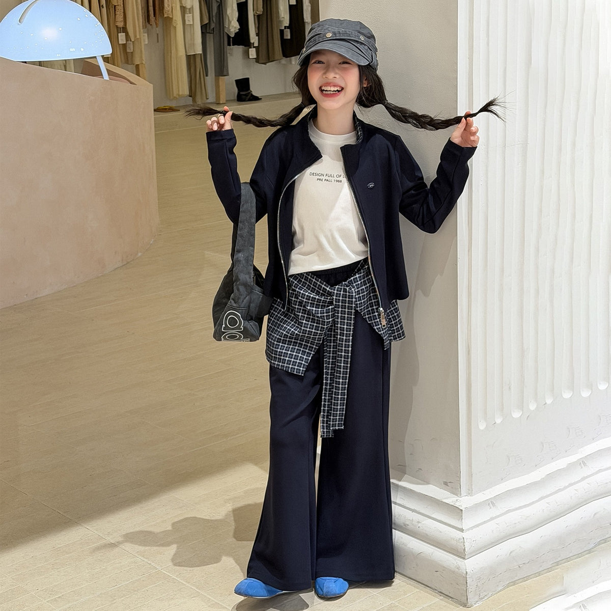Girls' Stand Collar Outerwear & Flared Pants Set – Chic Two-Piece Kids Outfit