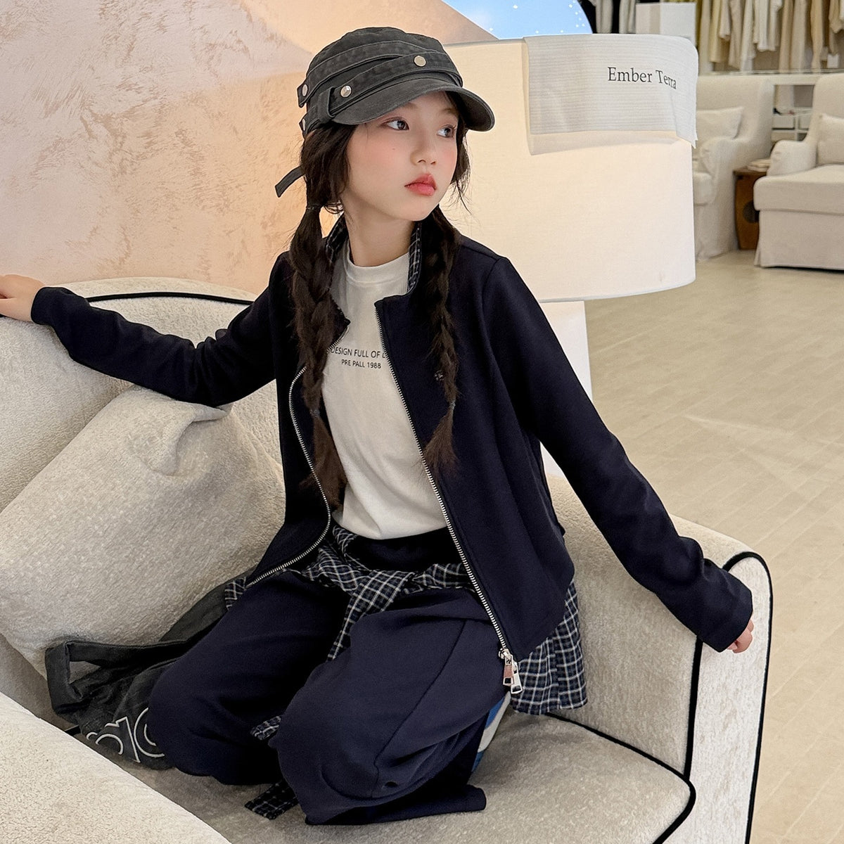 Girls' Stand Collar Outerwear & Flared Pants Set – Chic Two-Piece Kids Outfit