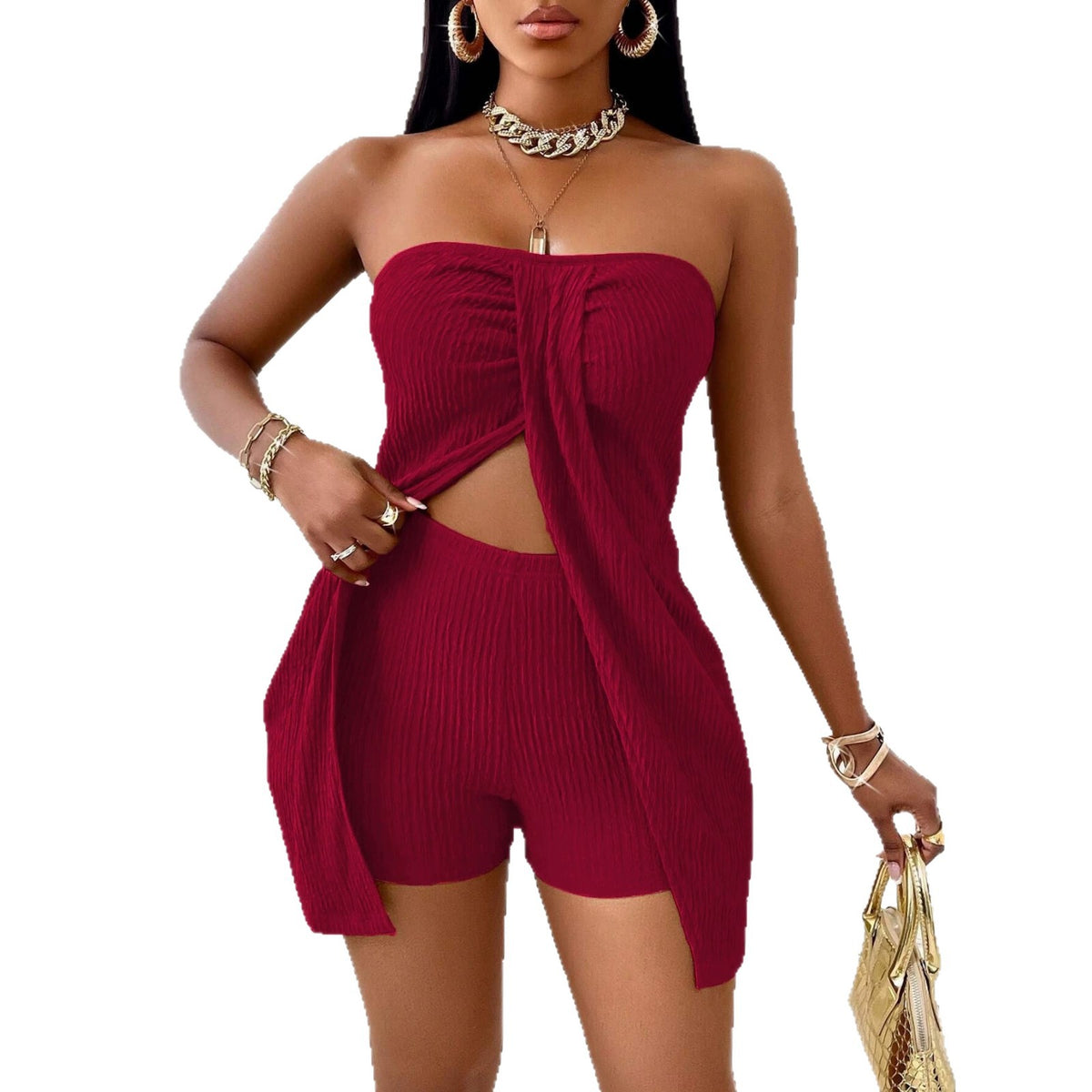 Sexy Strapless Knit Two-Piece Set with Shorts, Fashionable Waist-Baring Casual Women's Outfit