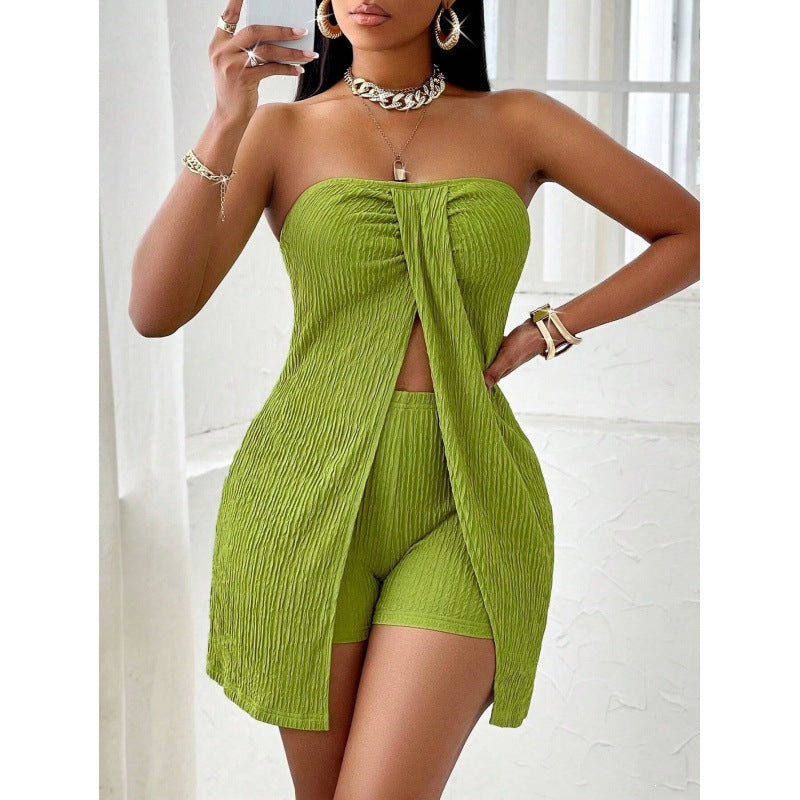 Sexy Strapless Knit Two-Piece Set with Shorts, Fashionable Waist-Baring Casual Women's Outfit