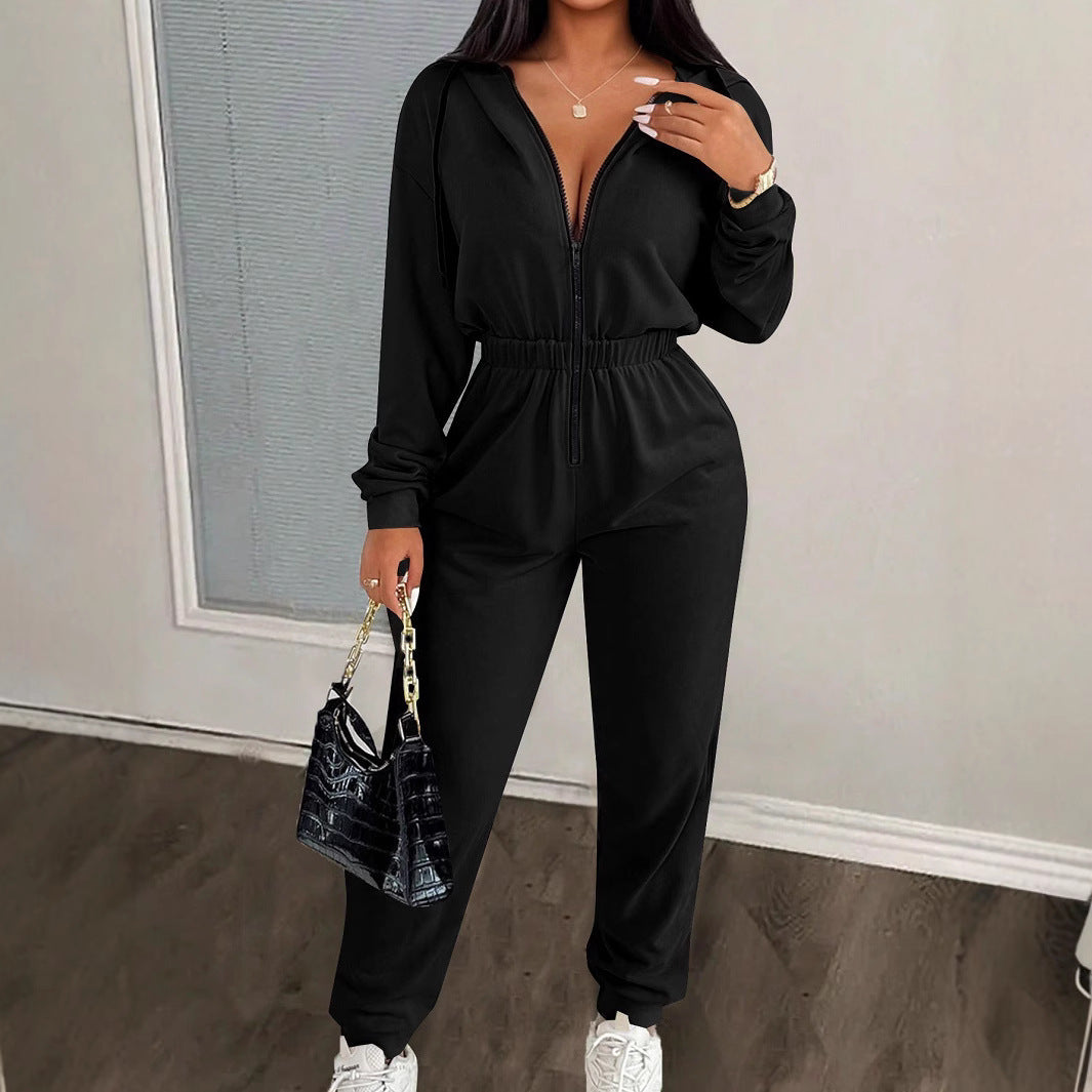 Casual Drawstring Hooded Jumpsuit for Women Fashionable One-Piece Pants