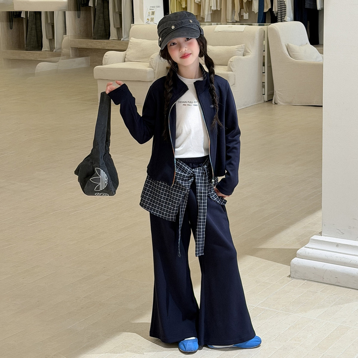 Girls' Stand Collar Outerwear & Flared Pants Set – Chic Two-Piece Kids Outfit