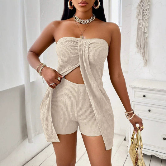 Sexy Strapless Knit Two-Piece Set with Shorts, Fashionable Waist-Baring Casual Women's Outfit