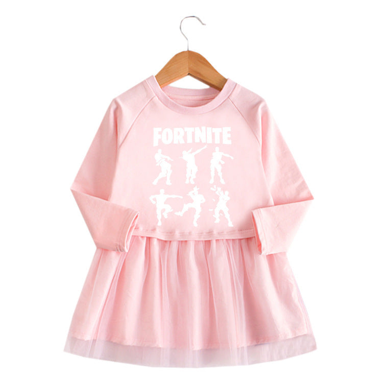 Girls' Cartoon Long Sleeve Mesh Dress – Fun & Whimsical Kids Dress