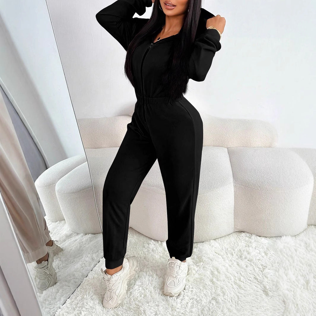 Casual Drawstring Hooded Jumpsuit for Women Fashionable One-Piece Pants