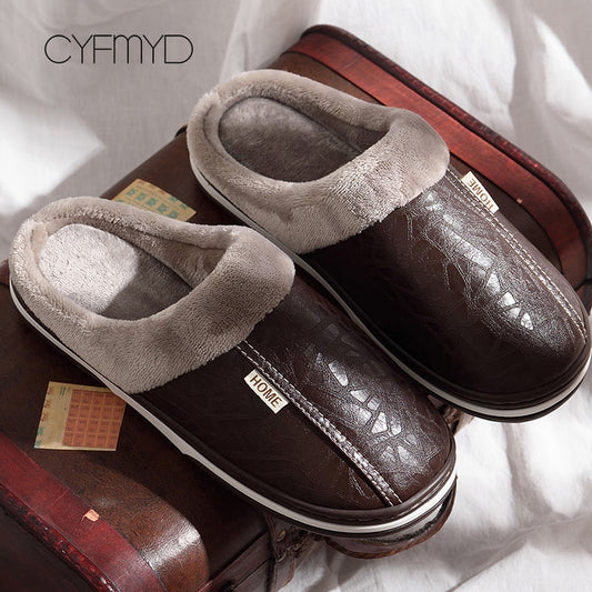 Men's Memory Foam Plush Non-Slip Indoor Leather Slippers